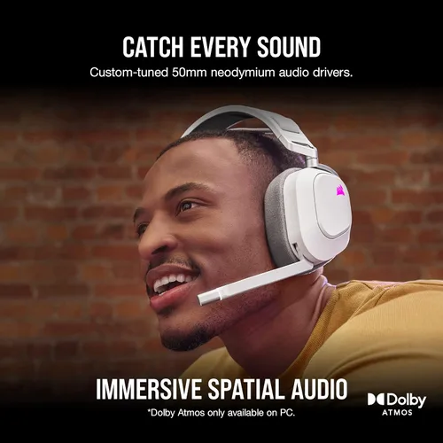 Vista 3 de CORSAIR Auriculares multiplataforma inalámbricos HS80 RGB para juegos, Dolby Atmos, diseño ligero y cómodo, micrófono de calidad de transmisión