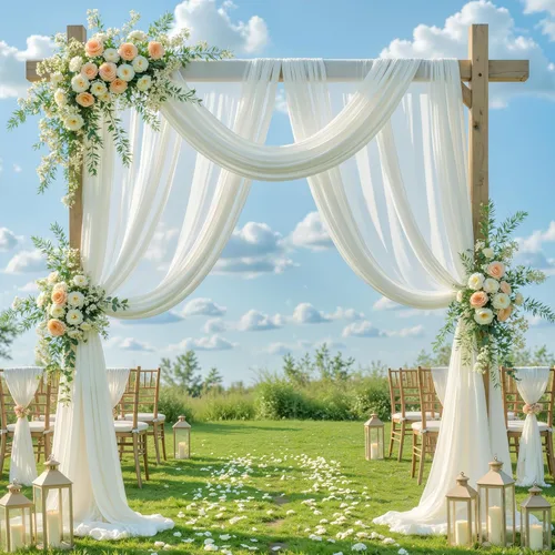 Vista 20 de Tela drapeada para arco de boda, 2 paneles de 18 pies, cortina de telón de fondo transparente azul bebé, cortina de gasa para boda, arco, ceremonia