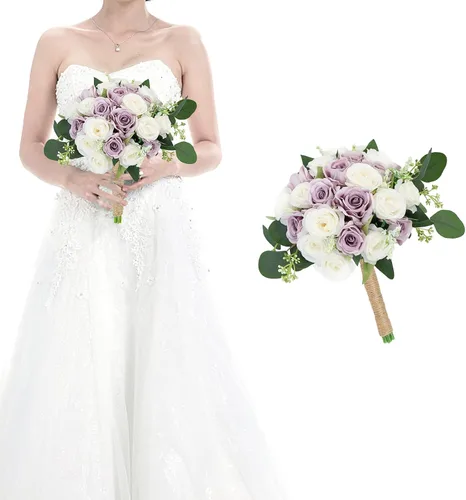 Vista 18 de Ramos para dama de honor para boda - Ramo de flores artificiales de 7 pulgadas para fiesta, ceremonia, aniversario, centros de mesa para mesa de Azul