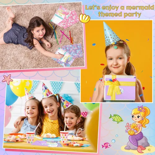 Vista 5 de PerKoop 24 juegos de invitaciones de cumpleaños de sirena incluyen tarjetas de invitaciones de fiesta de sirena, sobres y calcomanías para niñas