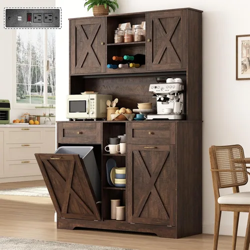 Vista 10 de Gabinete de Almacenamiento de Despensa de Cocina de 71" de Alto y 47" de Ancho con Tomas de Corriente, Gabinete de Basura de Cocina Estilo Granja