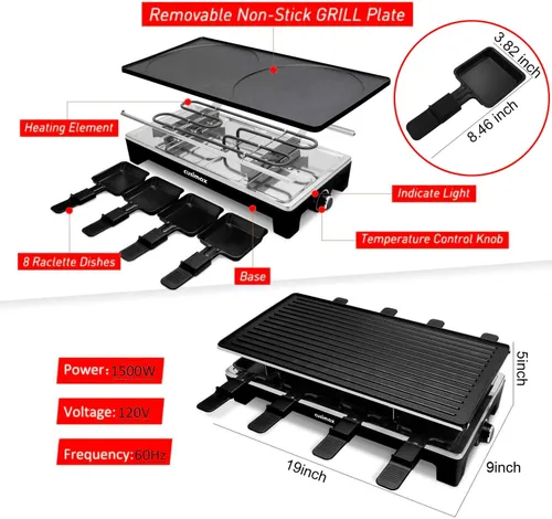 Vista 7 de CUSIMAX Raclette Grill Mesa de parrilla eléctrica, portátil 2 en 1 parrilla coreana de interior y queso Ractlette, placa reversible antiadherente