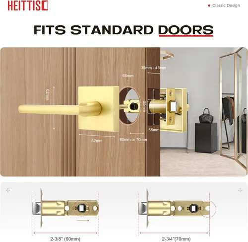Vista 7 de Paquete de 1 manija cuadrada de latón satinado para puerta de paso, manija interior cuadrada, juego de manijas de puerta interior doradas