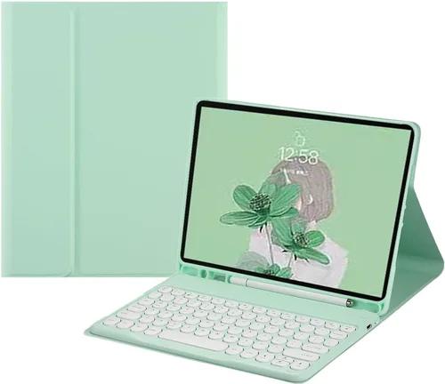Vista 9 de Funda de teclado para Galaxy Tab A8 de 10.5 pulgadas, modelo 2022 SM-X200/X205/X207, lindo teclado redondo a color, inalámbrico, desmontable, funda