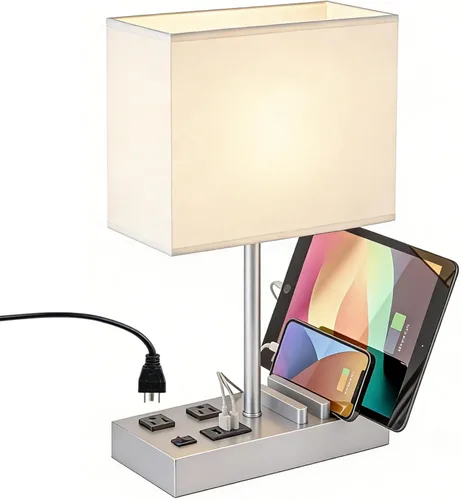 Vista 8 de Lámpara de escritorio Dreamholder con 3 puertos de carga USB, lámpara de mesa con 2 tomas de CA y 3 soportes de teléfono, lámpara de mesita de noche