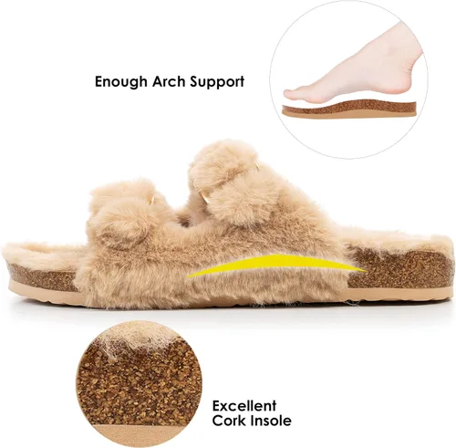 Vista 2 de FITORY Pantuflas de punta abierta para mujer con forro acogedor, sandalias de corcho de piel de conejo sintética, talla 6-11