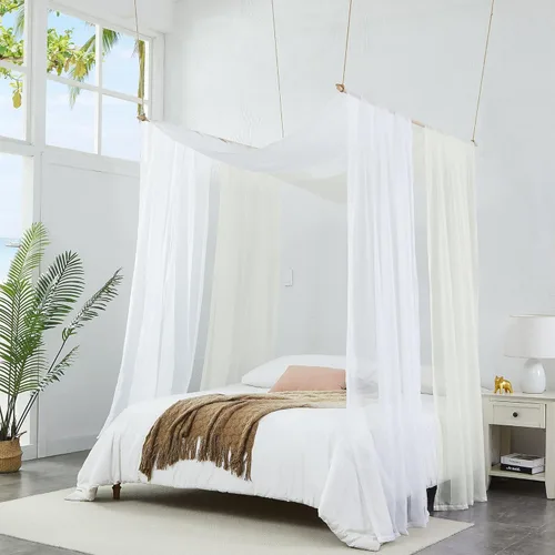 Vista 2 de Warm Home Designs Juego de 2 cortinas de cama con dosel blanco y beige de 55 x 216 pulgadas. 2 cortinas de toldo de cama Queen se pueden convertir