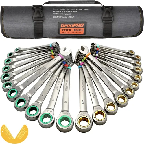 Vista 12 de GRENPRO - Juego de llaves de trinquete, juego de llaves combinadas, 22 piezas SAE y métricas y estándar, de 72ª de largo de extremo abierto, 1/4" a