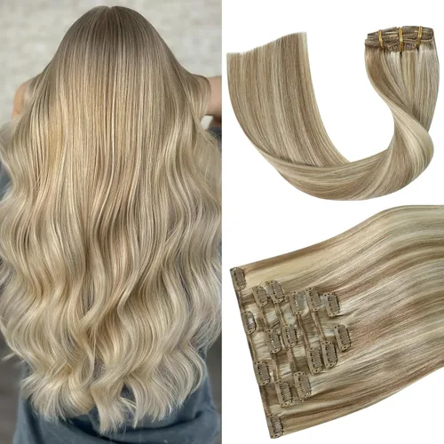 Vista 22 de Aison Extensiones de cabello con clip balayage de cabello humano real, extensiones de cabello ombre 100% de cabello humano para mujer, 12 pulgadas