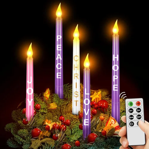 Vista 10 de 5 piezas de juego de velas de Adviento sin llama LED, velas de Adviento de Navidad con palabras Esperanza Paz Amor Alegría Cristo, velas cónicas