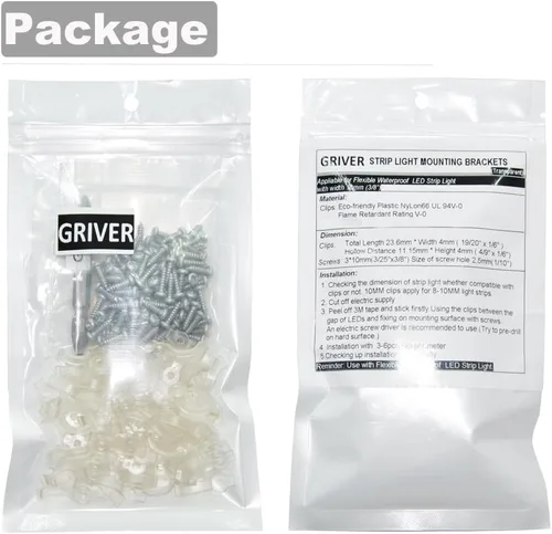 Vista 4 de Griver, soportes de montaje para tiras de luces, ganchos de fijación lateral, 100unidades, incluye 100tornillos, Transparente