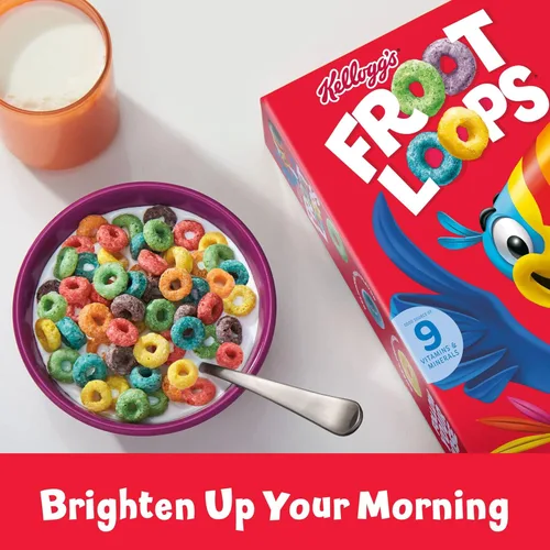Vista 5 de Kellogg's Froot Loops - Cereal para desayuno, sabor a frutas, aperitivos de desayuno con vitamina C, tamaño grande, original, caja de 14.7 onzas