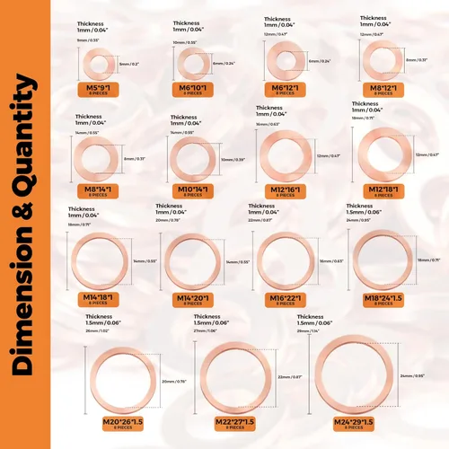 Vista 3 de Kit de surtido de arandelas de cobre, arandelas planas trituradas para tapones de aceite, tapones de drenaje, pernos banjo, juego de arandelas