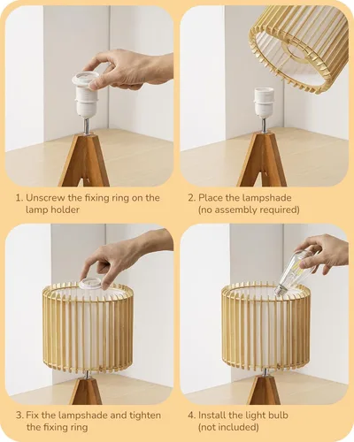 Vista 4 de EDISHINE Lámpara de Mesa Pequeña de 14.17", Lámpara de Mesita de Noche con Trípode de Madera, Pantalla Hueca de Color Madera Natural y PVC Blanco
