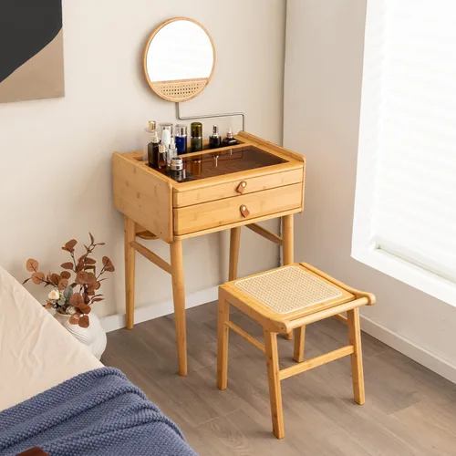 Vista 9 de Escritorio de tocador bohemio con espejo, mesa de tocador de maquillaje de bambú con 2 cajones de almacenamiento y mesa de vidrio templado, tocador