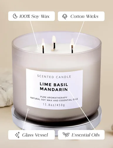 Vista 5 de Vela de soja perfumada de albahaca y mandarina, tarro grande de 3 mechas, 15.8 onzas, vela de aromaterapia de combustión limpia para aliviar