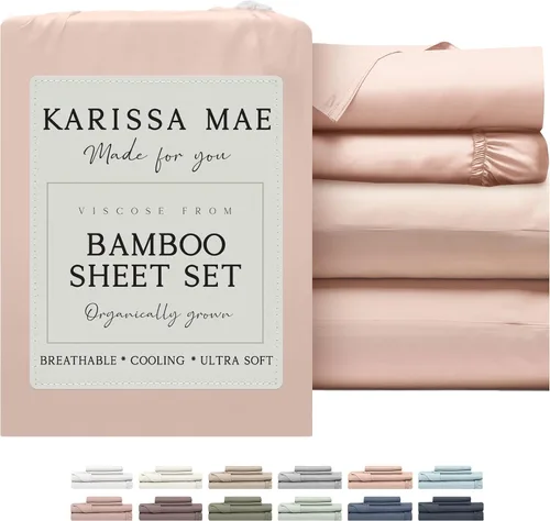 Vista 29 de KARISSA MAE Juego de sábanas tamaño Queen de viscosa de bambú refrescante, 100% certificado FSC, bolsillo profundo de 18 pulgadas, sedoso, suave e