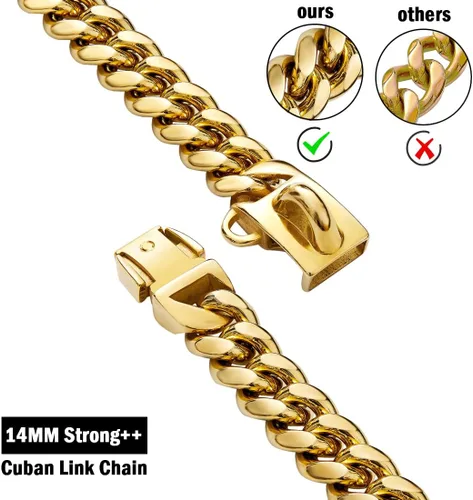 Vista 2 de Collares Fuertes de Acero Inoxidable Dorado para Perros con Cierre de Hebilla de Seguridad, Collar de Entrenamiento de Cadena de Eslabones Cubanos