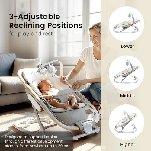 Vista 3 de Qutanix 2-en-1 Mecedora y Silla para Bebés, Asiento Portátil para Bebés de 0 a 9 Meses, Silla de Balancín con 3 Posiciones Reclinables, Acentos