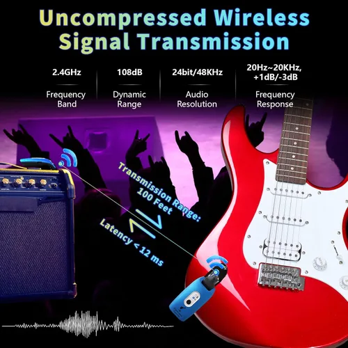 Vista 2 de Sistema de guitarra inalámbrico A9 de 2.4 GHz, batería de litio recargable incorporada, audio giratorio de 270°, transmisor inalámbrico receptor