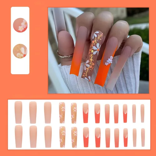 Vista 4 de IMSOHOT Uñas postizas, acrílicas de color naranja mate, puntas francesas cuadradas, 24 unidades, uñas extra largas con pegamento con bonitos diseños