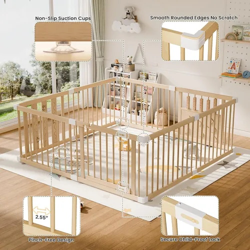 Vista 4 de Corralito de madera para bebés con bloqueo de seguridad para niños, corralito grande de 64 x 64 pulgadas para bebés y niños pequeños, centro