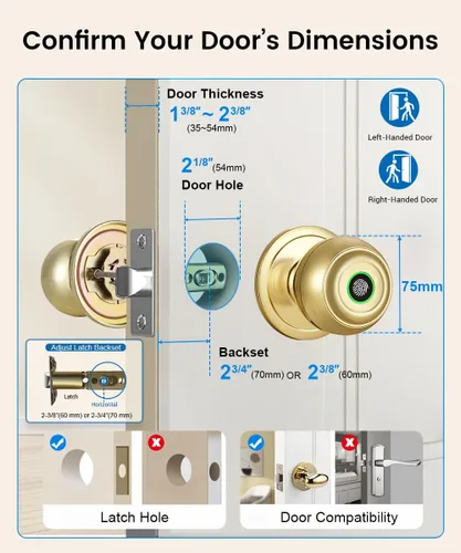 Vista 7 de Fingerprint Door Lock, Smart Fingerprint Door Knob with Lock, Biometric Door knob with App Control & Key, Keyless Thumbprint Entry Door Locks for
