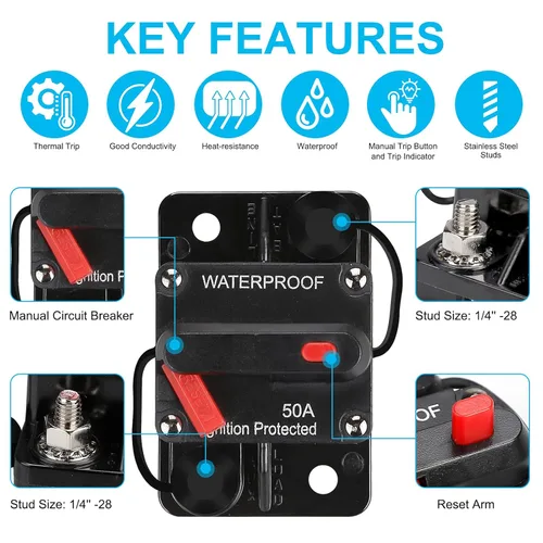 Vista 5 de Generic Disyuntor impermeable de 50 amperios, portafusibles, disyuntor de audio, con reinicio manual, 12V-48V CC, 30A-300A, para sistema de audio