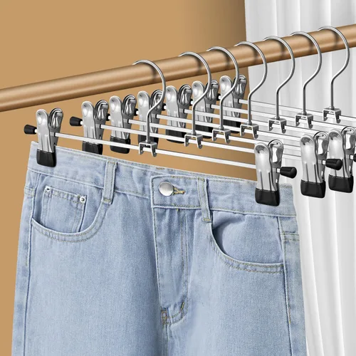 Vista 7 de Perchas para pantalones con clips, paquete de 12 perchas ajustables para mujer, antideslizantes, pantalones cortos, perchas para pantalones