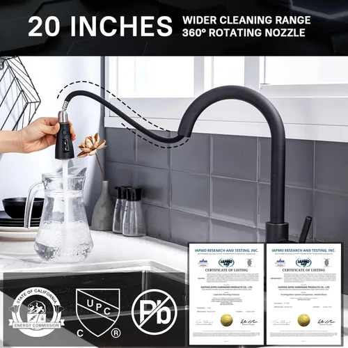 Vista 3 de WEWE Grifos de cocina con pulverizador desplegable, grifo de cocina de estilo granja en bronce cepillado con aceite, comercial, moderno, de arco