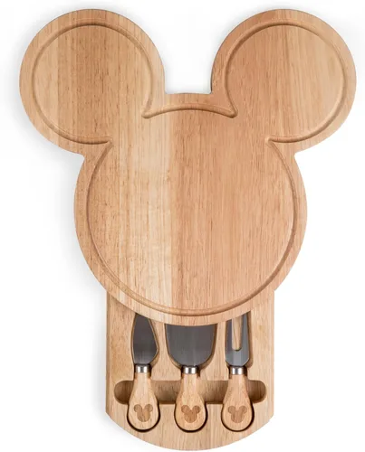 Vista 2 de PICNIC TIME Juego de tabla de queso y cuchillos de Mickey Mouse de Disney, tabla de cortar de Parawood con cajón oculto y 3 cuchillos de queso
