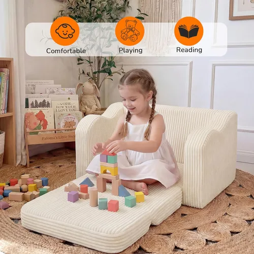 Vista 4 de MeMoreCool Silla Infantil 2 en 1, Sofá Cama Plegable para Niños, Beige (Edades 1-3) – Silla de Terciopelo que se Extiende a Sofá-Cama Espuma