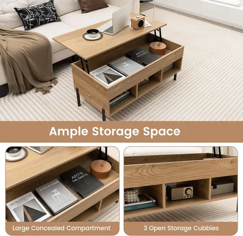 Vista 6 de Giantex Mesa auxiliar elevable, mesa rectangular de madera con compartimento oculto y estantes de almacenamiento abiertos, mesa central moderna