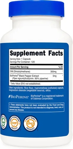 Vista 5 de Suplemento Nutricost Dim (diindolylmethane) 0.10 onzas, 120 cápsulas con Bioperine, 1 botella, 1