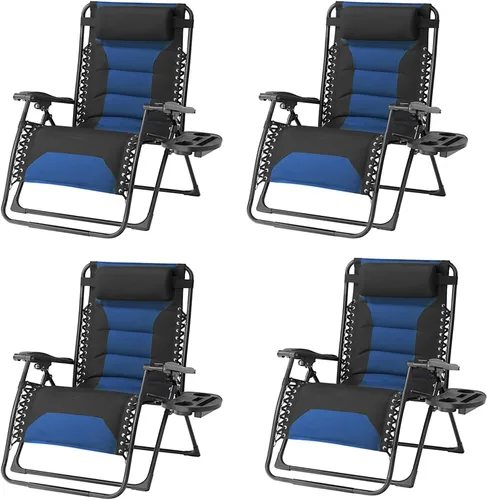 Vista 10 de Juego de 2 Sillas Zero Gravity de Gran Tamaño Acolchadas Reclinables con Reposacabezas Ajustable y Portavasos - Silla de Salón Plegable Oxford 600D
