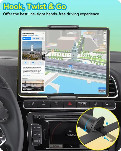 Vista 2 de Soporte para iPad Car Vent Tablet Holder Gancho de metal mejorado para 5-11 pulgadas Samsung Galaxy Tablets iPad Pro Air Mini iPhone teléfono celular