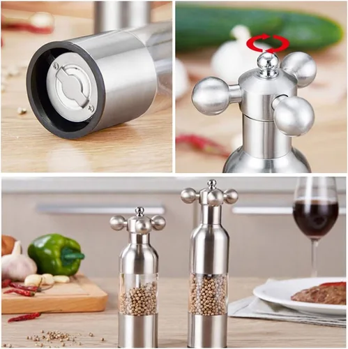 Vista 6 de Molinillo de sal y pimienta, grifo manual de acero inoxidable con asa, grosor ajustable recargable, para el hogar, restaurante, barbacoa, plata, S