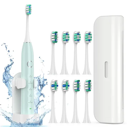 Vista 10 de Cepillo de dientes eléctrico para adultos con 8 cabezales de cepillo, cepillo de dientes sónico recargable con un soporte y estuche de viaje, carga