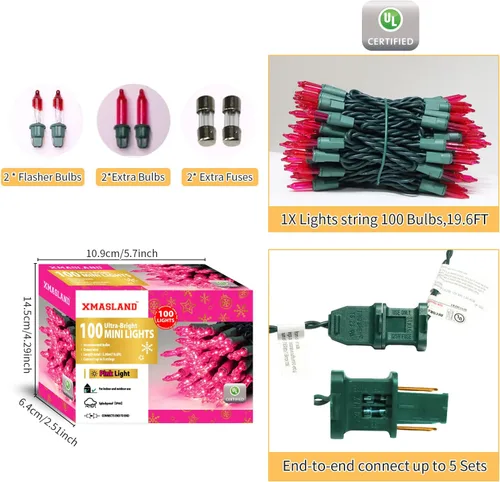 Vista 2 de Juego de luces de Navidad rosadas ultra brillantes conectables, 100 unidades, 19.6 pies, bombilla incandescente, mini tira de luces para interiores