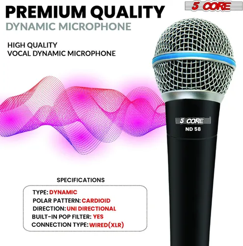 Vista 7 de 5 CORE Micrófono cardioide dinámico para canto de karaoke Micrófono profesional con cable XLR para escenario y estudio con imán de neodimio - ND 58