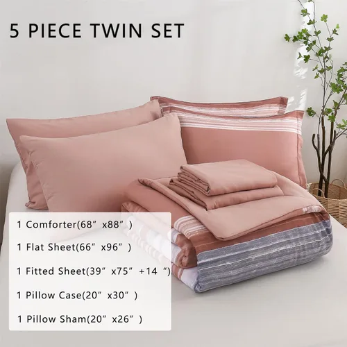 Vista 2 de Kakijumn - Juego de edredón de 5 piezas en una bolsa, tamaño individual, a rayas, juego completo de edredón y sábanas de patchwork en blanco, gris