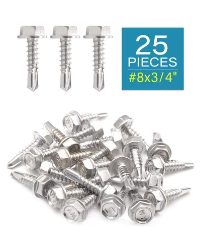 Vista 2 de Tornillos autoperforantes con cabeza hexagonal de acero inoxidable #8 x 3/4 pulgadas (25 unidades), acero inoxidable 410 totalmente roscado de chapa