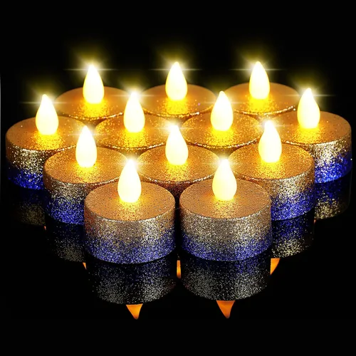Vista 8 de Retisee 48 velas LED sin llama, velas falsas eléctricas con purpurina dorada y negra para centros de mesa, funciona con pilas, decoraciones