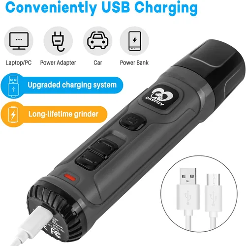Vista 7 de Casfuy - Lima de uñas para perros con 2 luces LED - Nueva versión, recortador de uñas de mascotas eléctrico potente de 2 velocidades, profesional