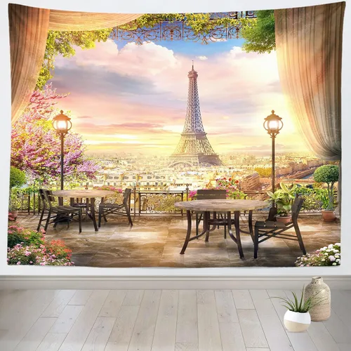 Vista 2 de BELECO Tapiz de París para colgar en la pared, romántico tapiz de jardín de la torre Eiffel, 60 x 40 pulgadas, cafetería, terraza, flores, mesas