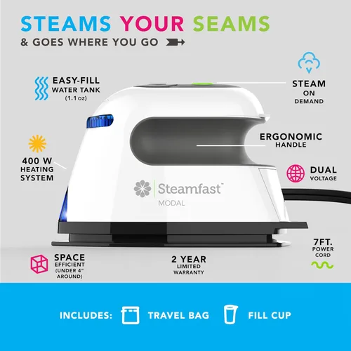Vista 3 de Steamfast Modal - Plancha de vapor de doble voltaje para manualidades, suela antiadherente para arrugas persistentes, control de temperatura, tiempo
