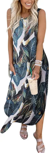 Vista 4 de ANRABESS - Vestido largo, informal y holgado para mujer, sin mangas, con bolsillos y abertura, para playa