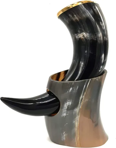Vista 2 de Cuerno vikingo natural hecho a mano con soporte de cuerno para cerveza Wine Ale y Mead Champagne (borde de latón)
