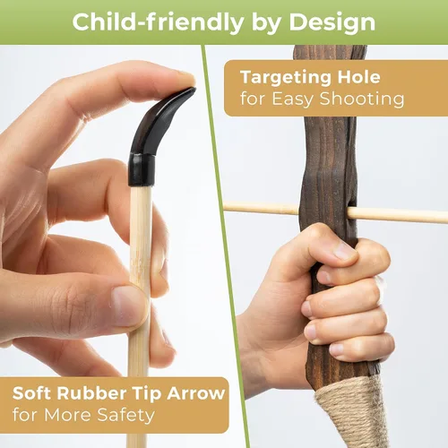 Vista 3 de BOWRILLA® Arco y flecha de madera para niños con 10 flechas, carcaj, 3 objetivos y bolsa de almacenamiento Juego de arco y flecha para niños