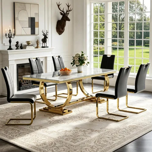 Vista 60 de 5 Piece Black Marble Dining Table Set for 4, Modern Faux Marble Kitchen Dining Room Tables with 4 Leather Chairs Set, 68.11" Luxury Rectangular